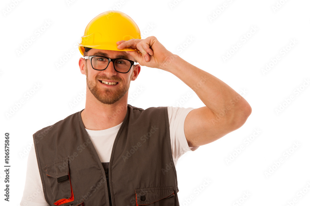 Young worker wtih protective dress and yellow helmet isolated ov Young worker wtih protective dress and yellow helmet isolated ov