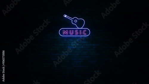 Animation of the word music at neon light with a guitar shape in a urban wall at night photo