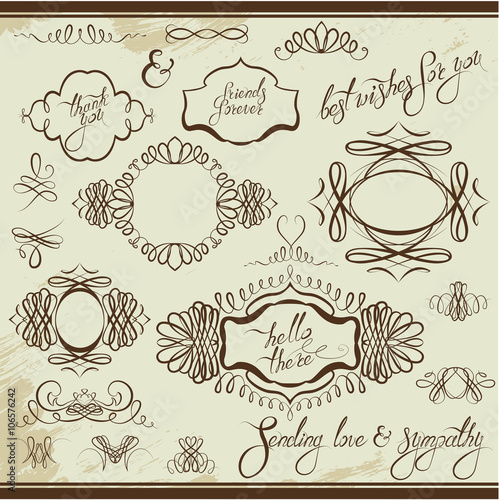 Vintage ornaments and frames, vignettes, calligraphic design ele