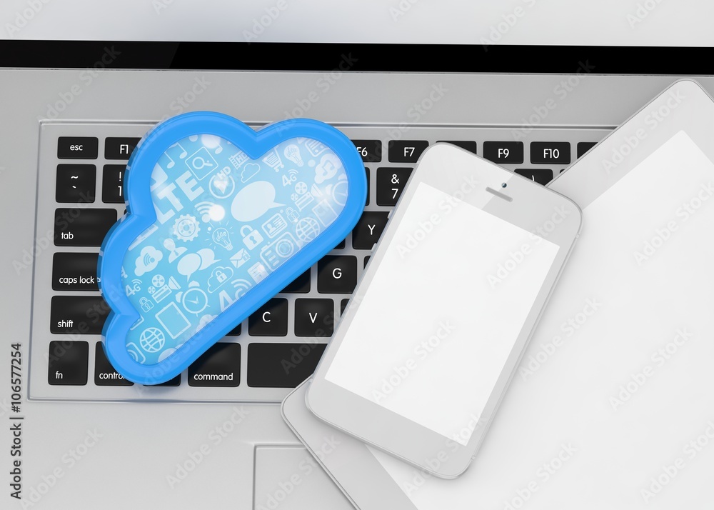 laptop, tablet pc, smart phone and cloud. 3D rendering. laptop, tablet pc, smart phone and cloud. 3D rendering.