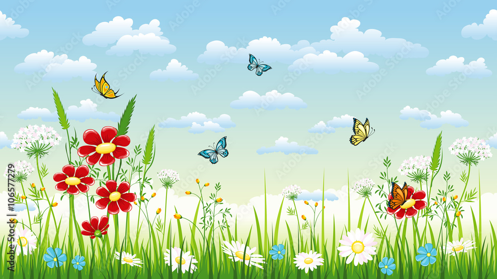Seamless flower background with flowers and butterflies Stock Vector |  Adobe Stock