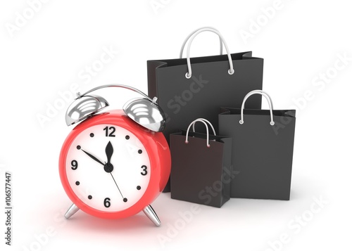 alarm clock and shopping bag (time to buy concept). 3D rendering.