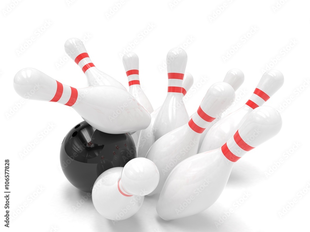 Bowling ball and skittles isolated. 3D rendering. Bowling ball and skittles isolated. 3D rendering.