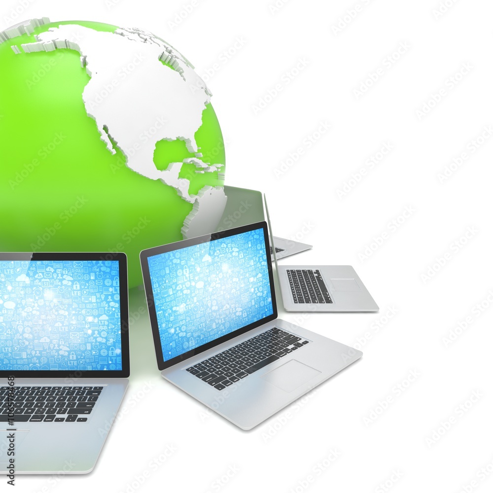 Laptop network around earth globe. 3d render Laptop network around earth globe. 3d render