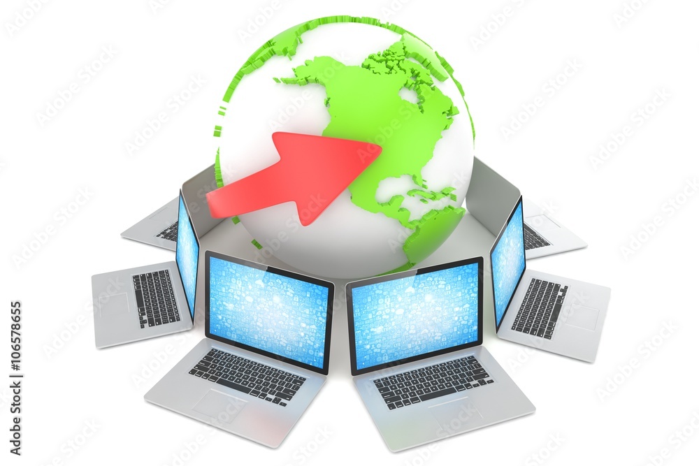 Laptop network around earth globe. 3d render Laptop network around earth globe. 3d render
