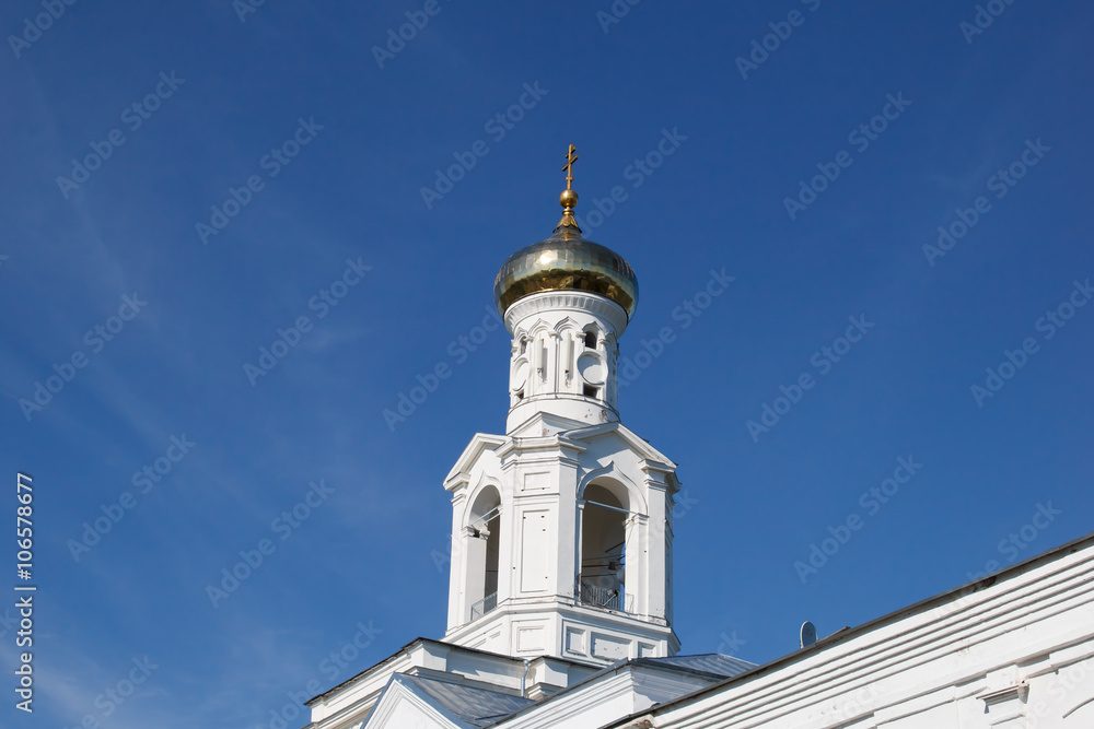 Orthodox religion of Russia. Monastery's oldest Church buildings in Russia in 1030 year. White Church with blue domes.