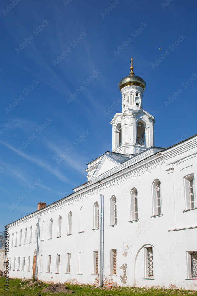 St. George's monastery in sity Veliky Novgorod, orthodox Christian Church. The Orthodox religion of Russia. Monastery's oldest Church buildings in Russia in 1030 year. White Church with blue domes.