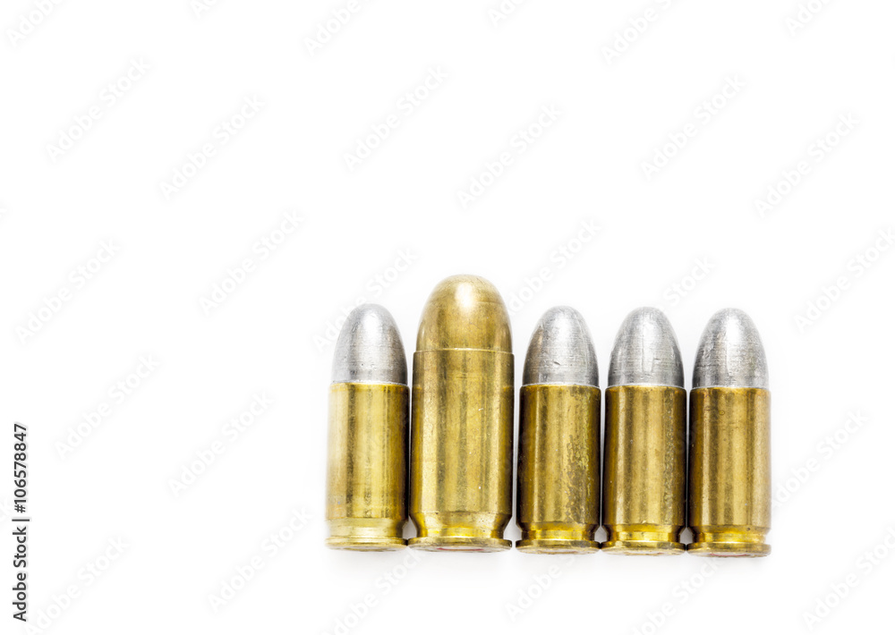 cartridges of .45 ACP full metal jacket and 9mm lead round nose pistols ammo, Bigger is better concept cartridges of .45 ACP full metal jacket and 9mm lead round nose pistols ammo, Bigger is better concept