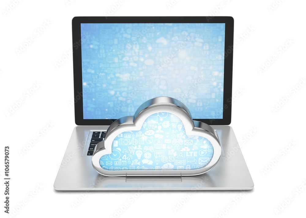 Laptop with cloud computing symbol on keyboard. 3d render Laptop with cloud computing symbol on keyboard. 3d render