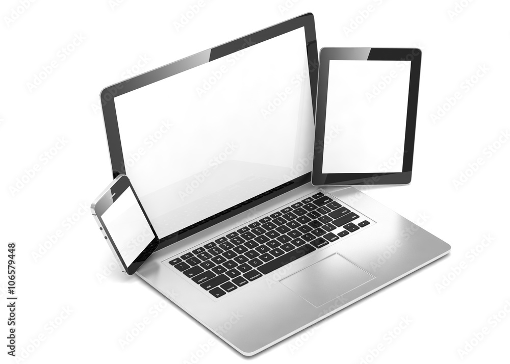 laptop, tablet, phone, on white. 3D rendering. laptop, tablet, phone, on white. 3D rendering.