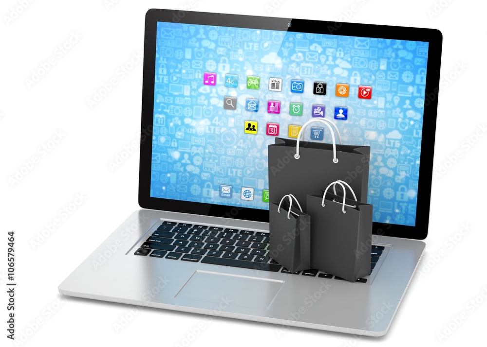 laptop and shopping pags on white background. 3D rendering. laptop and shopping pags on white background. 3D rendering.