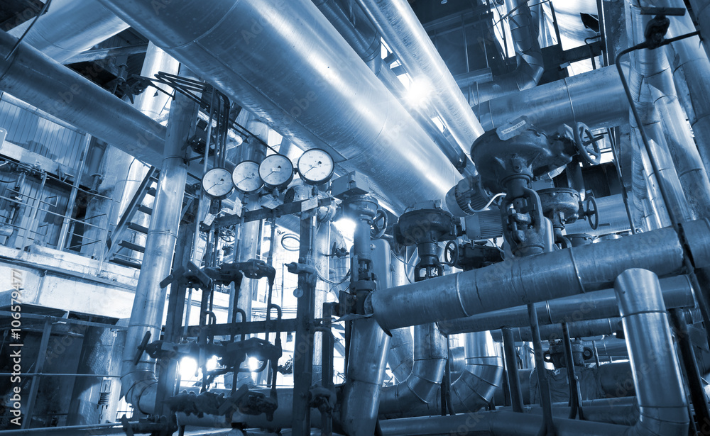 Industrial zone, Steel pipelines in blue tones Industrial zone, Steel pipelines in blue tones