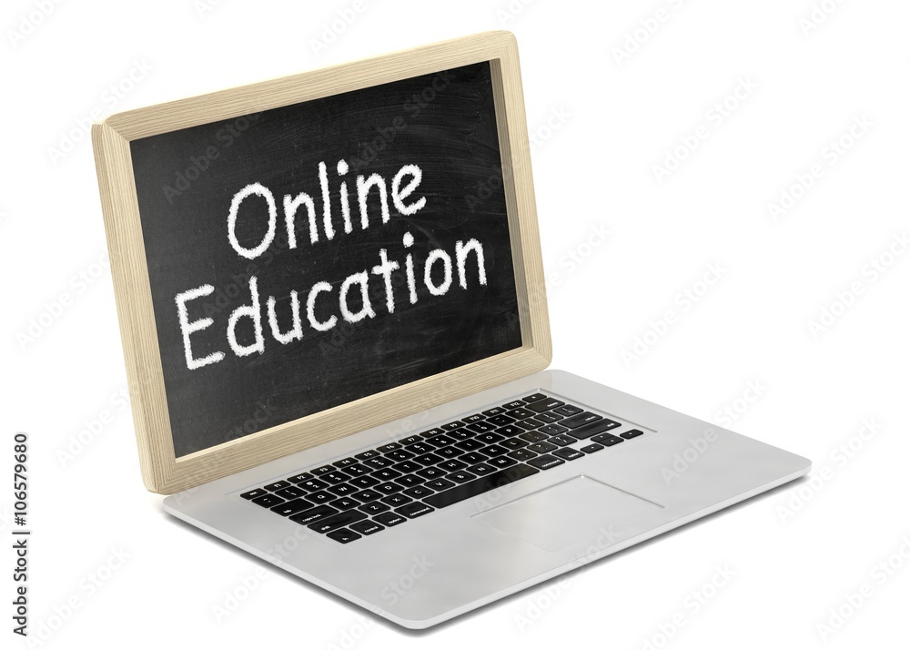 Laptop with chalkboard, online education concept. 3D rendering. Laptop with chalkboard, online education concept. 3D rendering.
