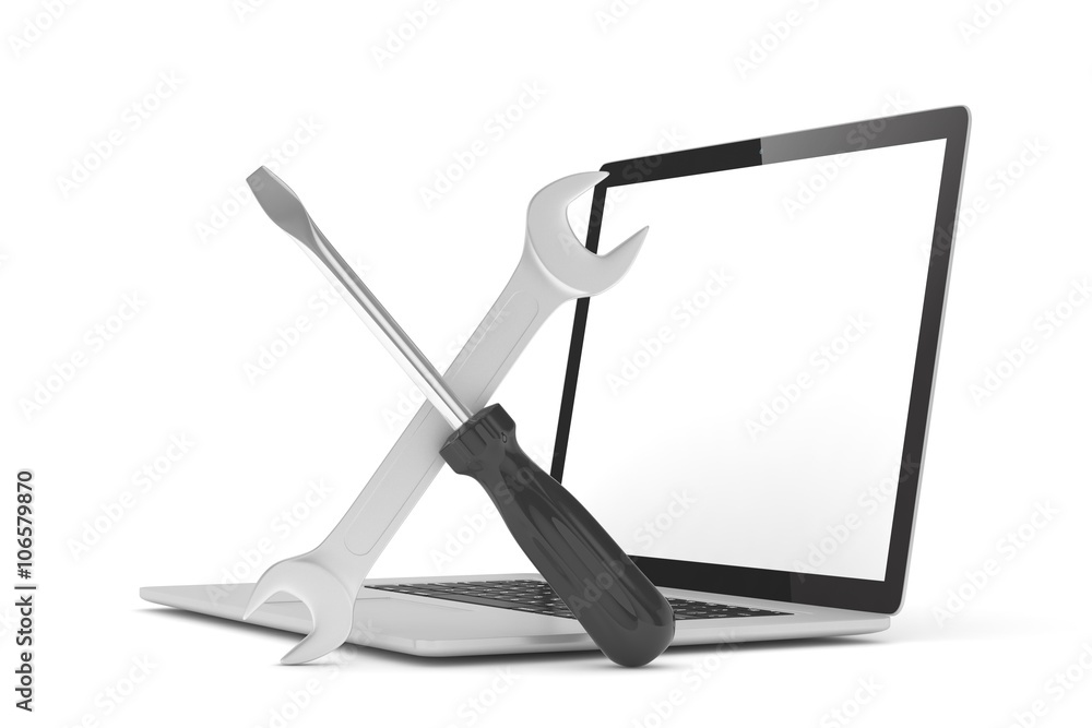 3D Illustration Wrench and screwdriver on laptop, service concept 3D Illustration Wrench and screwdriver on laptop, service concept