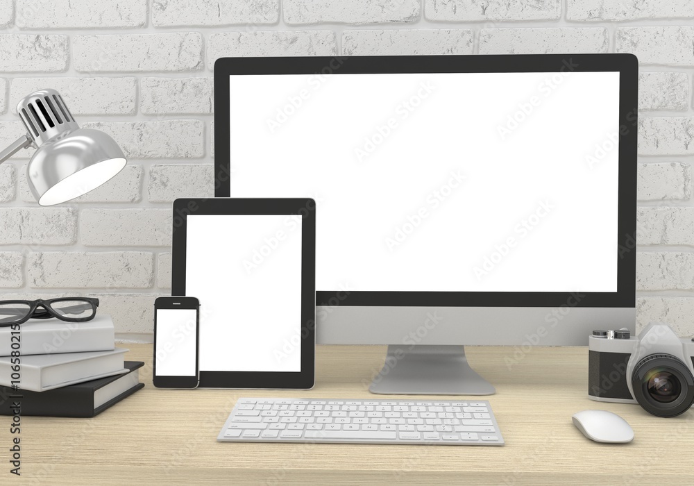 Fototapeta premium Responsive mockup screen. Monitor, tablet, phone on table in office. 3D rendering.