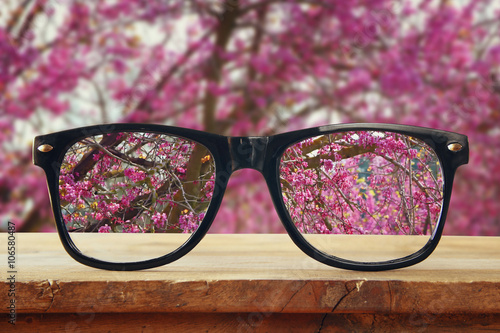 hipster glasses on a wooden rustic table in front of the cherry tree blossom. vintage filtered 