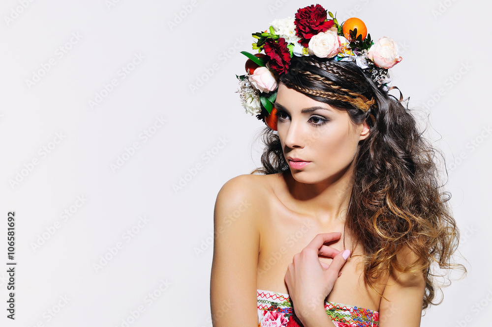 © Zoja - Beauty portrait of a gorgeous woman with gipsy hairstyle wearing handmade fairy flower crown
