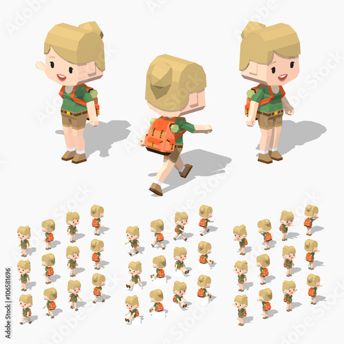Tourist girl. 3D lowpoly isometric vector illustration. The set of objects isolated against the white background and shown from different sides