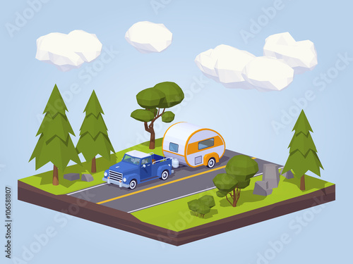 Pickup truck with trailer house on the highway. 3D lowpoly isometric vector concept illustration