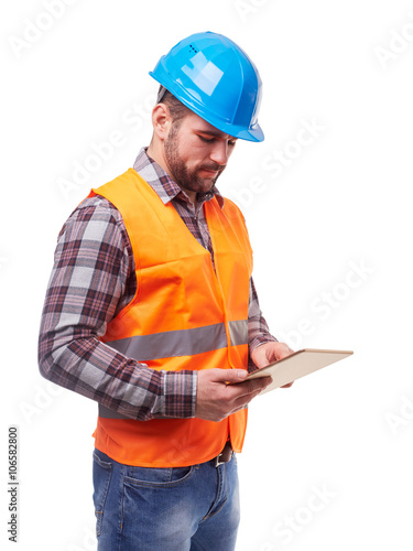 Manual worker in blue helmet