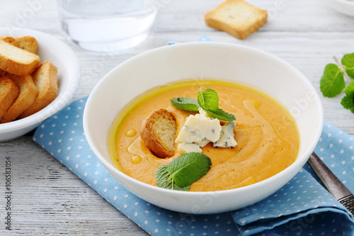 hot pumpkin cream soup with cheese