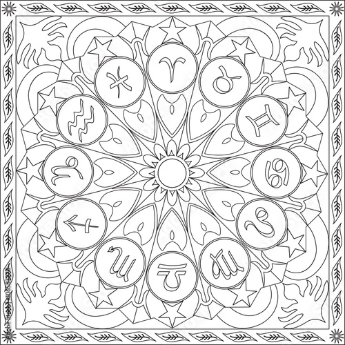 Page Coloriage pour Adultes Livre Design Motif Symboles Signes Zodiaque Mandala Vecteur Illustration