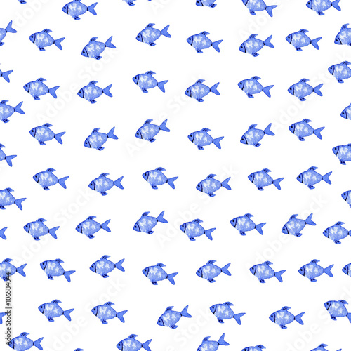 Watercolor sea blue fish seamless pattern.Watercolor hand drawn illustration.White background.