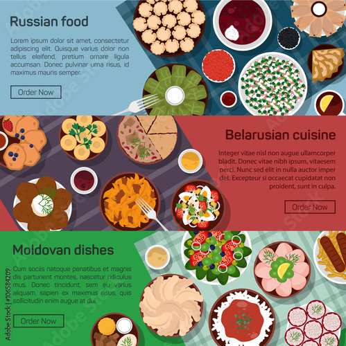 Vector flat illustration of russian, belarusian, moldovan molnational dishes. 