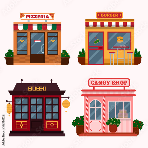 Vector illustration of buildings that are restaurants, cafe, fast food. 