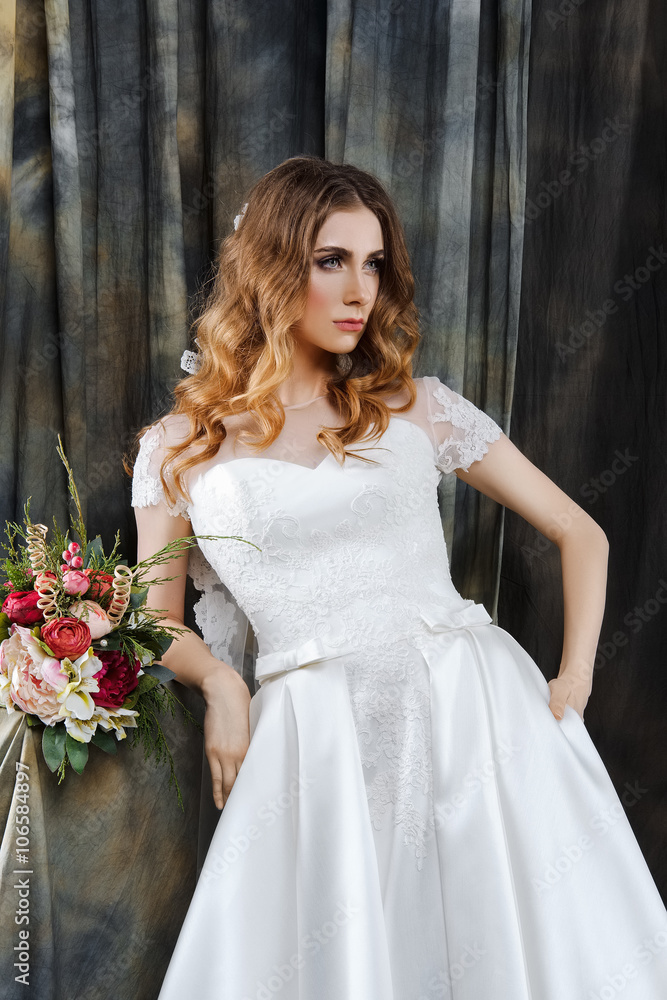 portrait of pretty bride in wedding dress portrait of pretty bride in wedding dress