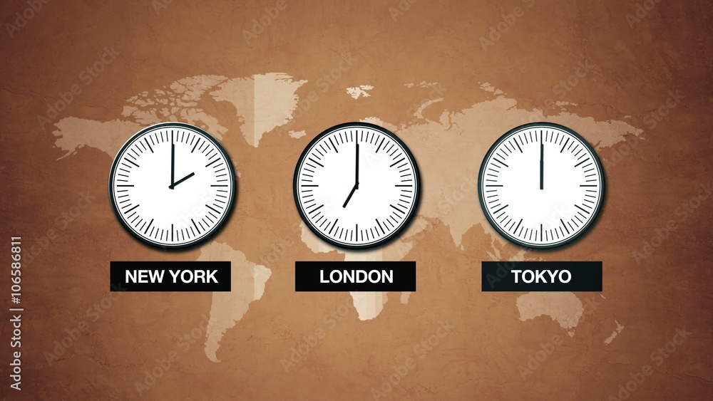New York, London and Tokyo time, world time zones, office wall with ...