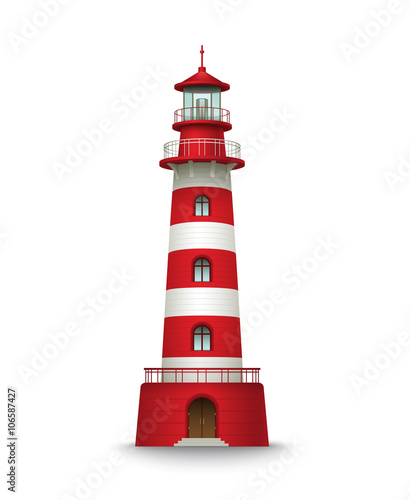 Realistic red lighthouse building isolated on white background. Vector illustration