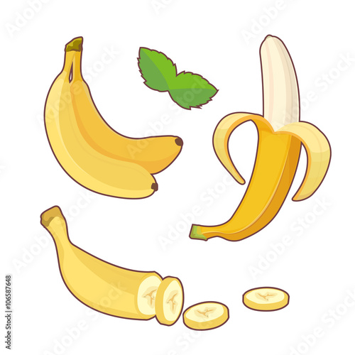 Fresh banana fruits, collection of vector illustrations. Set banana.Peeled and sliced bananas. Cartoon banana