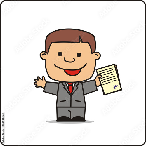 Happy manager with contract in hand, isolated on white background. 