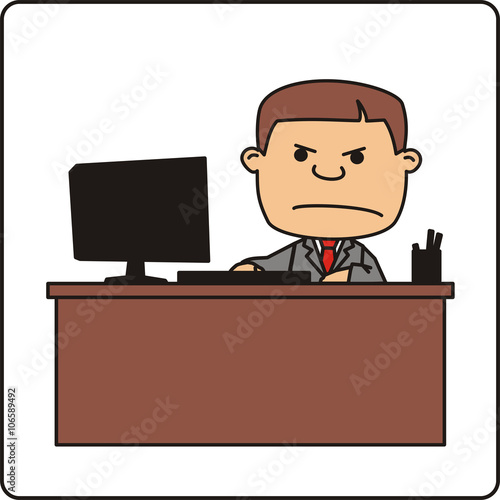 Angry boss. Boss at desktop. Angry businessman isolated on white background. Icon - angry cartoon boss.