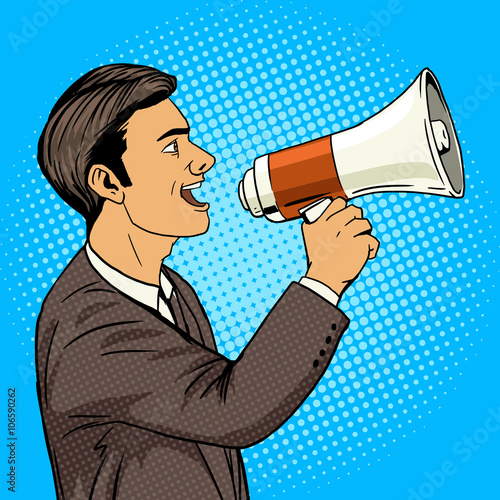 Businessman with megaphone pop art style vector