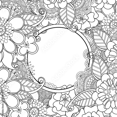 Flowers and leaves hand drawn zentangle style circle vector frame. Doodle art decorative border.