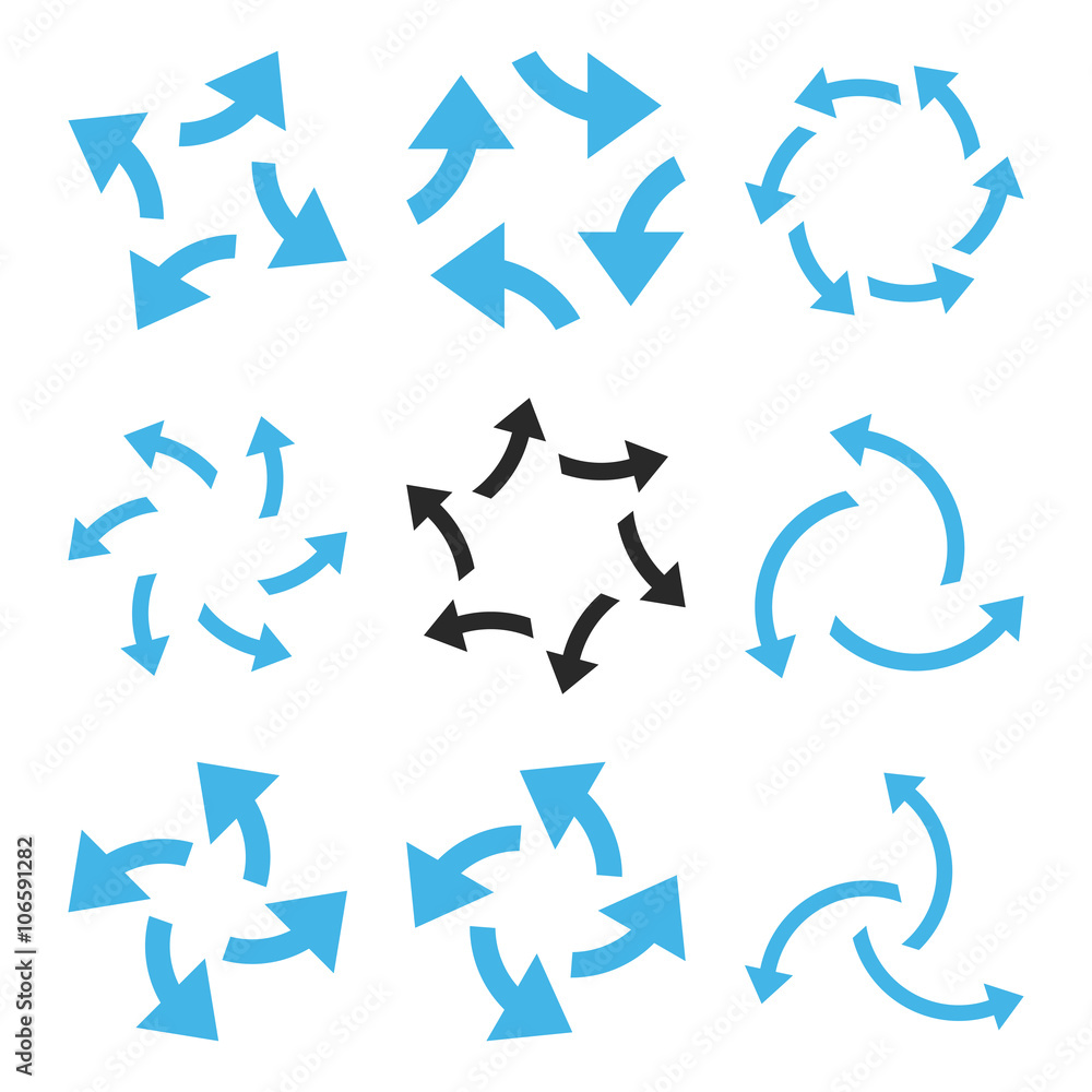 Centrifugal Arrows vector icon set. Collection style is bicolor blue and gray flat symbols on a white background.