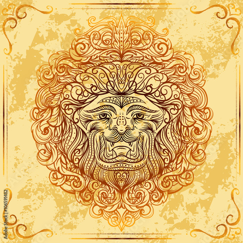 Lion Head with baroque ornament on grunge aged paper background. Vintage tattoo art. Concept design for card, print, t-shirt, postcard, poster. Hand drawn vector illustration