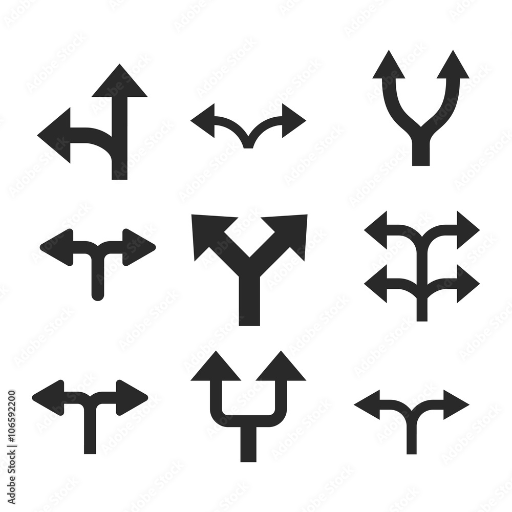 Divide Arrows vector icon set. Collection style is gray flat symbols on a white background. Divide Arrows vector icon set. Collection style is gray flat symbols on a white background.