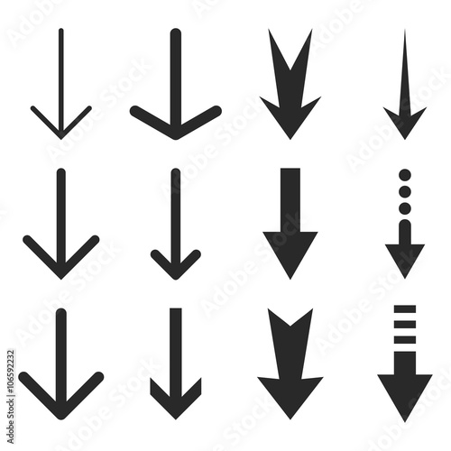 Down Arrows vector icon set. Collection style is gray flat symbols on a white background.