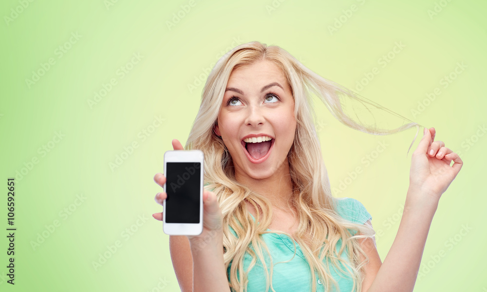 happy young woman or teenage girl with smartphone happy young woman or teenage girl with smartphone