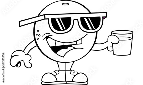 Black and white illustration of an orange wearing sunglasses and holding a glass