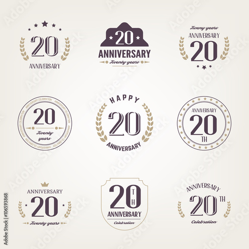 Twenty years anniversary celebration logotype. 20th anniversary logo set.