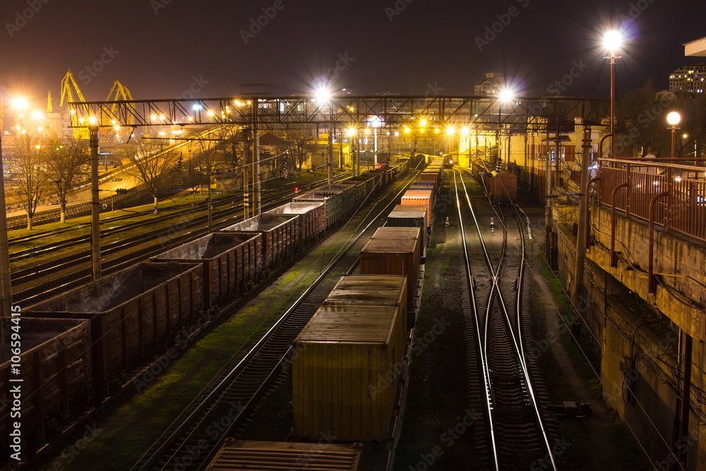 Freight Station with trains at night