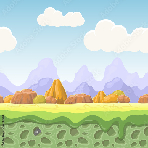 Cartoon fairy tale landscape. Stones seamless illustration for game design. Horizontal country background 