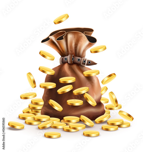 Full sack with money and falling gold