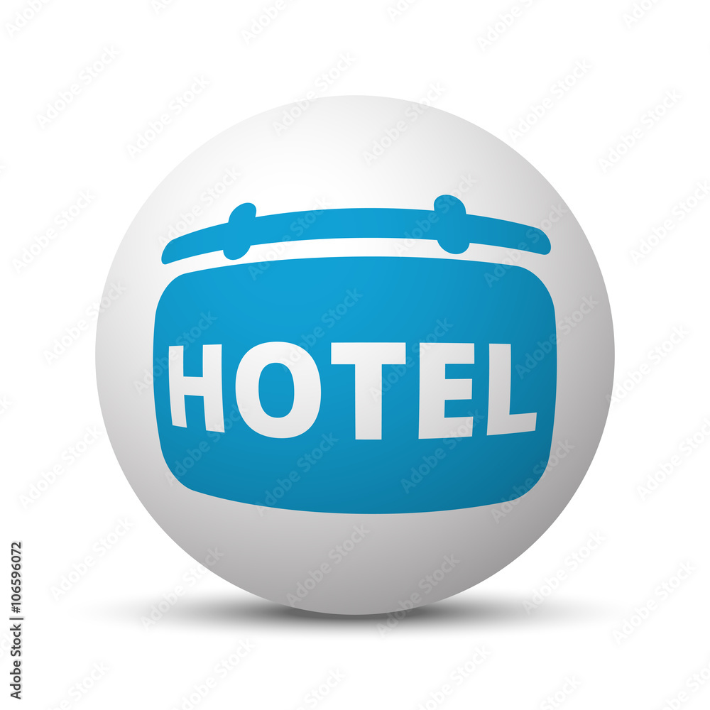 Blue Hotel Sign icon on sphere on white background
