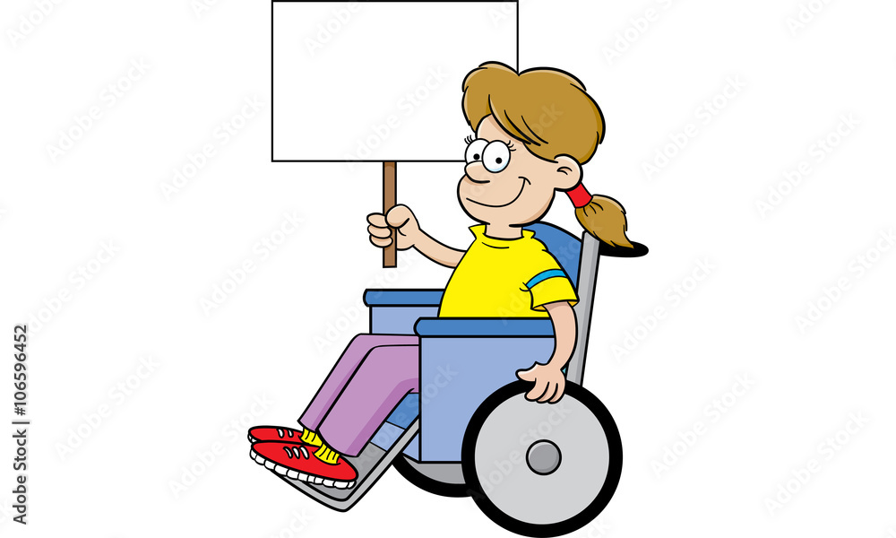 Cartoon illustration of a girl in a wheelchair holding a sign. Cartoon illustration of a girl in a wheelchair holding a sign.