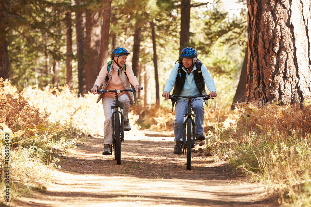 Fototapeta premium Senior couple mountain biking on forest trail, California